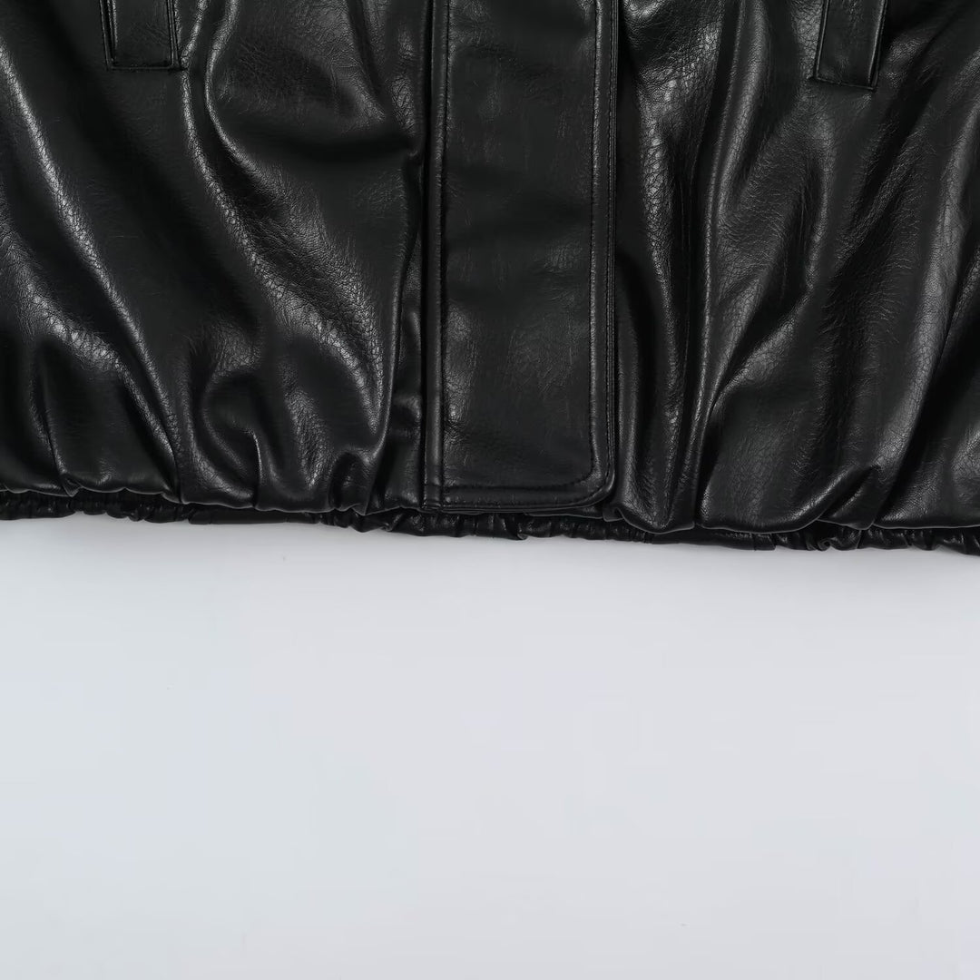 Women's Oversized Leather Look Blouson Jacket with Stand-up Collar and Elastic Hem Mune Fashion