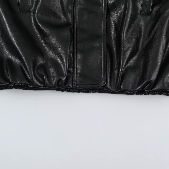 Women's Oversized Leather Look Blouson Jacket with Stand-up Collar and Elastic Hem Mune Fashion