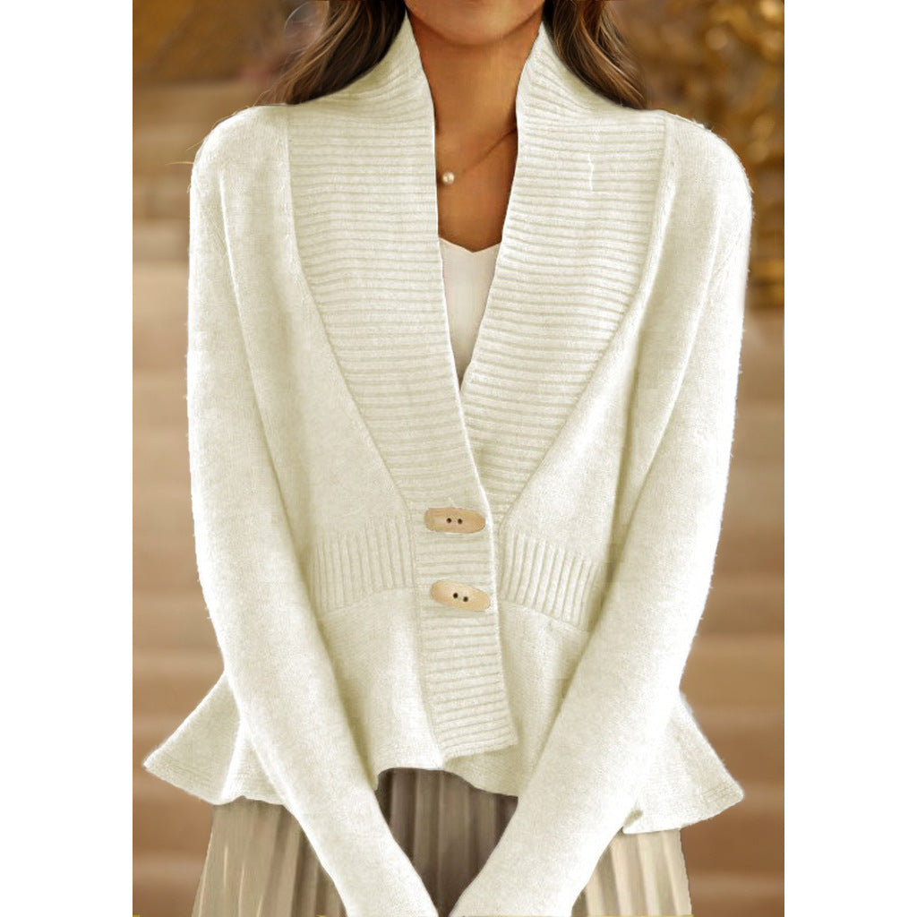 Women's plush knit cardigan with shawl collar, ribbed trim, and narrow flounce Mune Fashion