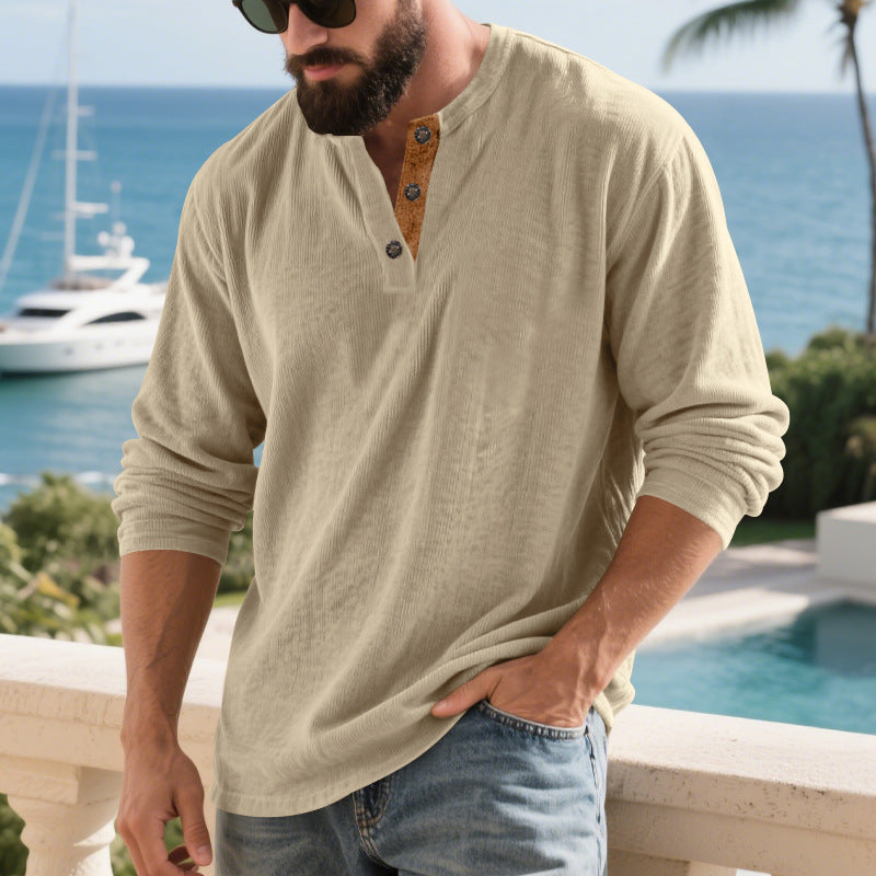 Men's long-sleeve Henley shirt made of structured cotton blend with decorative button placket Mune Fashion