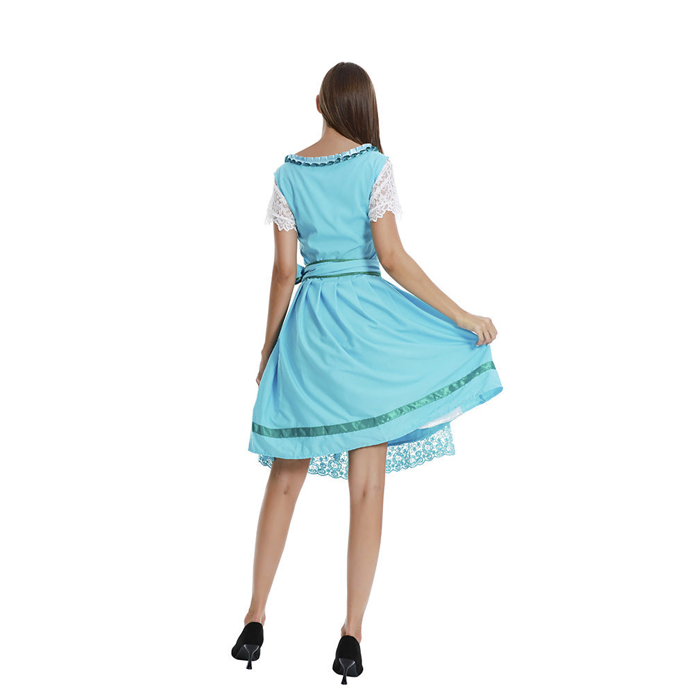 Women's romantic alpine dress with laced bodice, lace insert, and waist belt Mune Fashion
