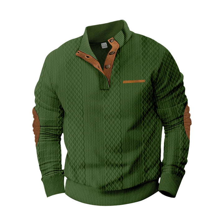 Men's structured half-button sweater with quilted surface, elbow patches, and stand-up collar Mune Fashion