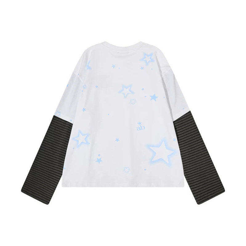 Women's layered long-sleeve shirt with striped insert sleeves, star print, and application Mune Fashion