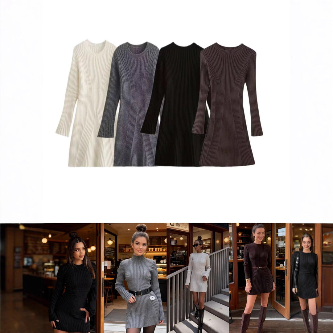Women's Ribbed Knit Dress with Flared A-Line and Wide Cuffs Mune Fashion