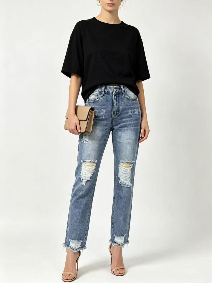 Women's high-waisted Straight Leg Jeans with targeted tear details and raw ankle hem Mune Fashion
