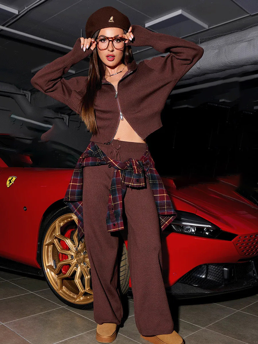 Women knitted loungewear two-piece with short zip cardigan and wide high waist pant leg Mune Fashion