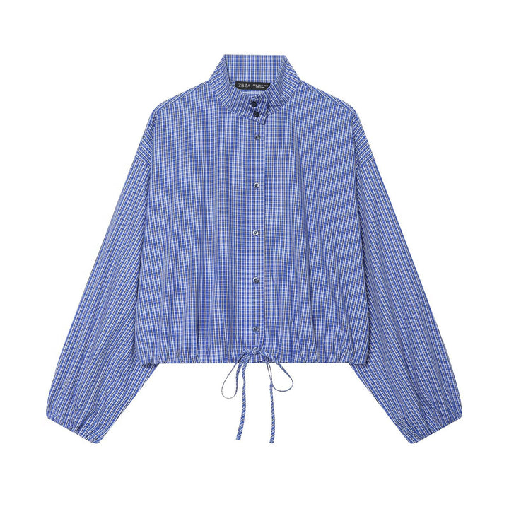 Women's Checkered Cropped Shirt with Stand Collar, Drawstring Hem and Balloon Sleeves Mune Fashion