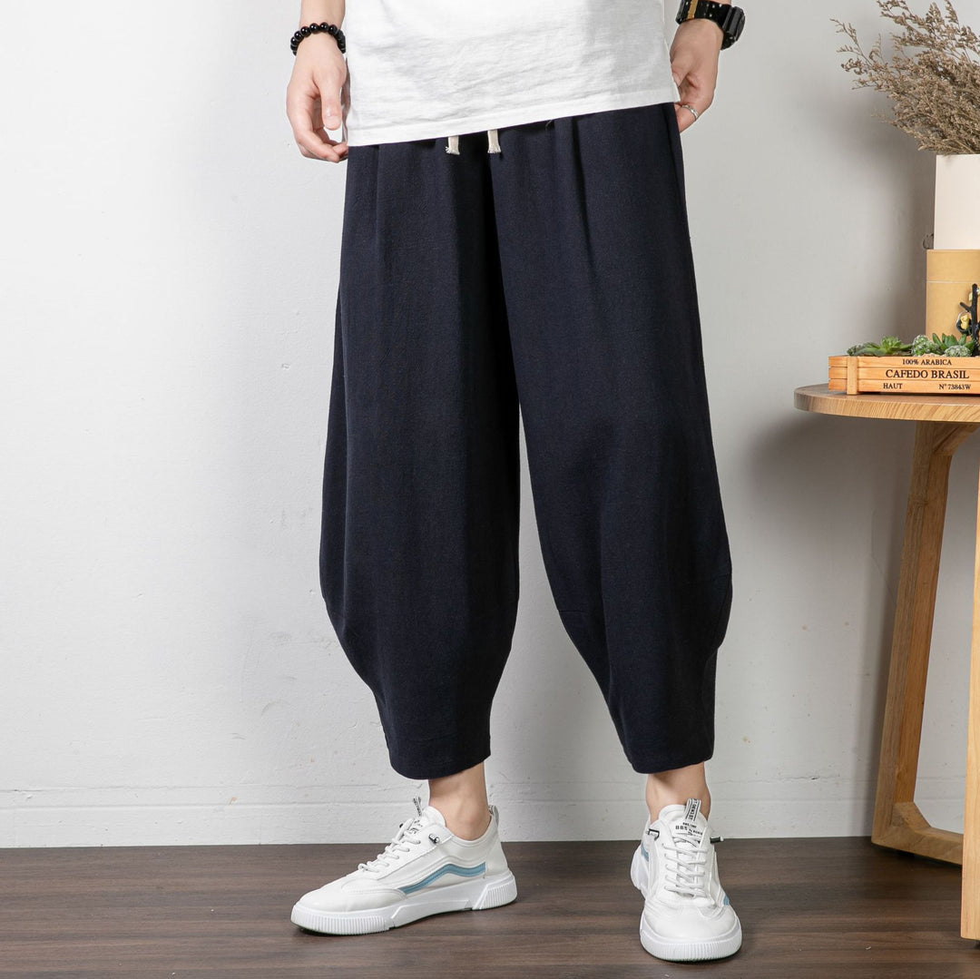 Men's Casual Cropped Harem Pants made of Cotton Blend with Drawstring and Ribbed Ankle Cuffs Mune Fashion