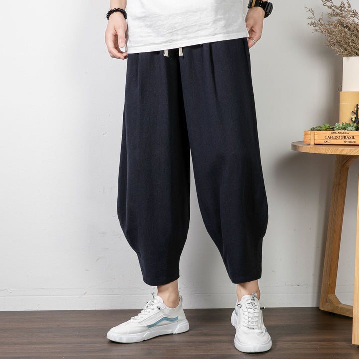 Men's Casual Cropped Harem Pants made of Cotton Blend with Drawstring and Ribbed Ankle Cuffs Mune Fashion