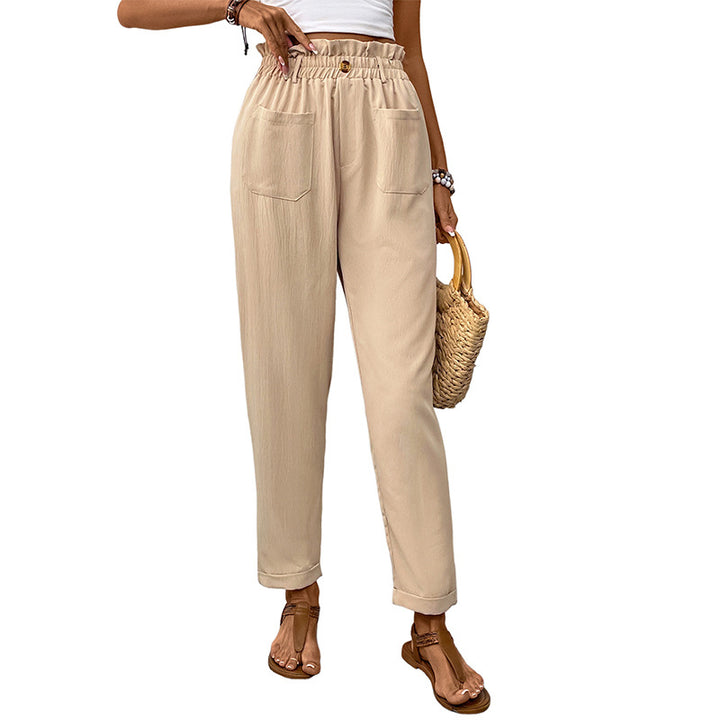 Women's High-Waisted Paperbag Pants with Elastic Waistband, Patch Pockets & Tapered Leg Mune Fashion