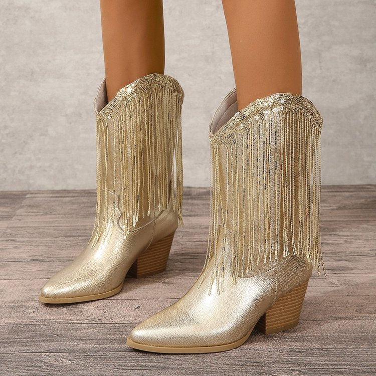 Women's knee-high fringe cowboy boots with fine beaded fringe decoration and sculpted block heel Mune Fashion