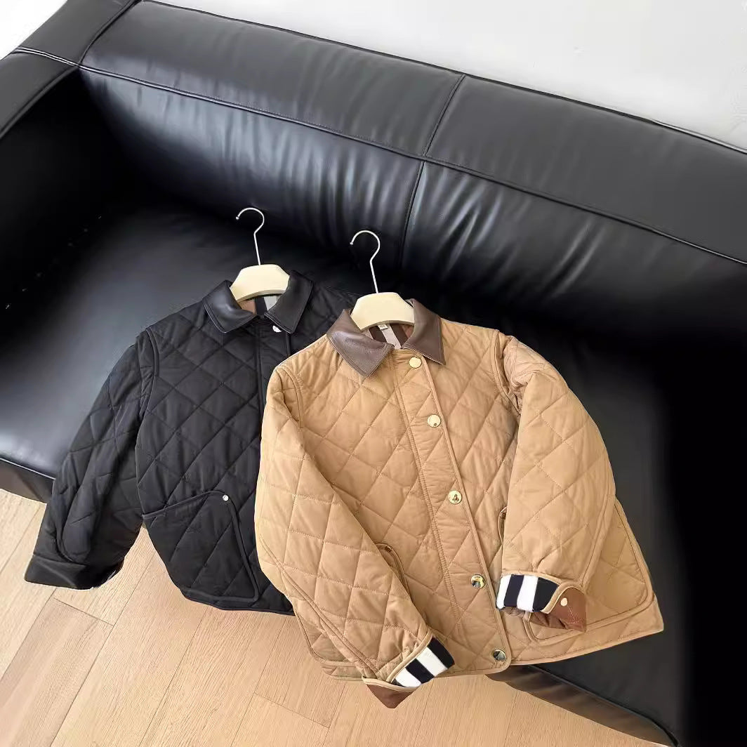 Ladies fashionable quilted jacket with elegant leather collar Mune Fashion