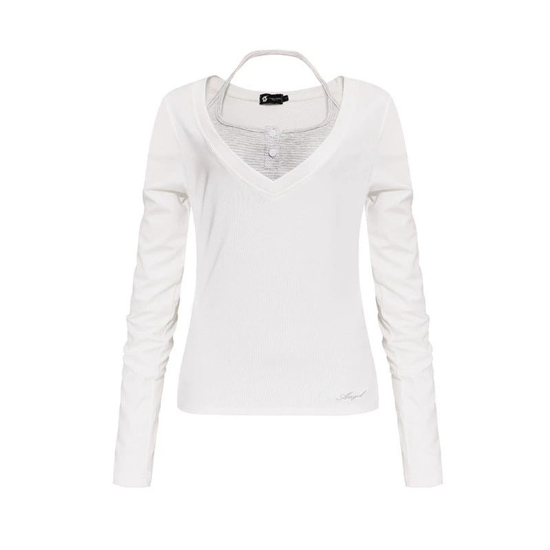 Women's long sleeve shirt with double layer effect, deep V-neck and striped insert Mune Fashion