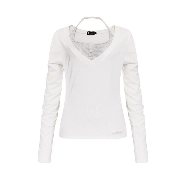 Women's long sleeve shirt with double layer effect, deep V-neck and striped insert Mune Fashion