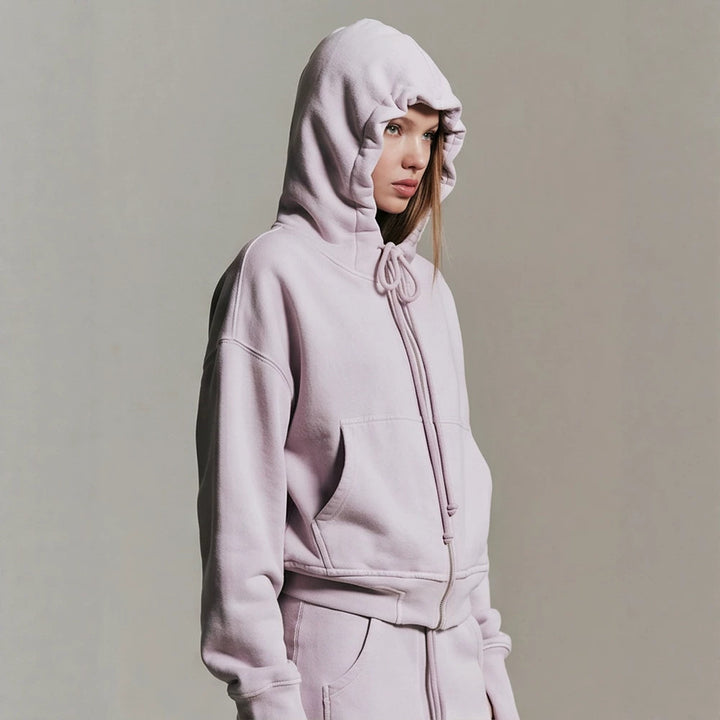 Ladies cropped hoodie sweatshirt with full zip, kangaroo pockets, and extended sleeve cuffs Mune Fashion