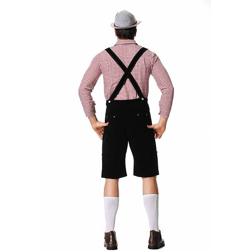 Men's short traditional leather trousers in suede look with embroidered bib and adjustable straps Mune Fashion