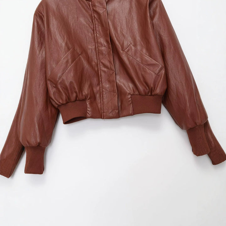 Ladies oversized bomber jacket in leather look with ribbed stand collar and balloon sleeves Mune Fashion