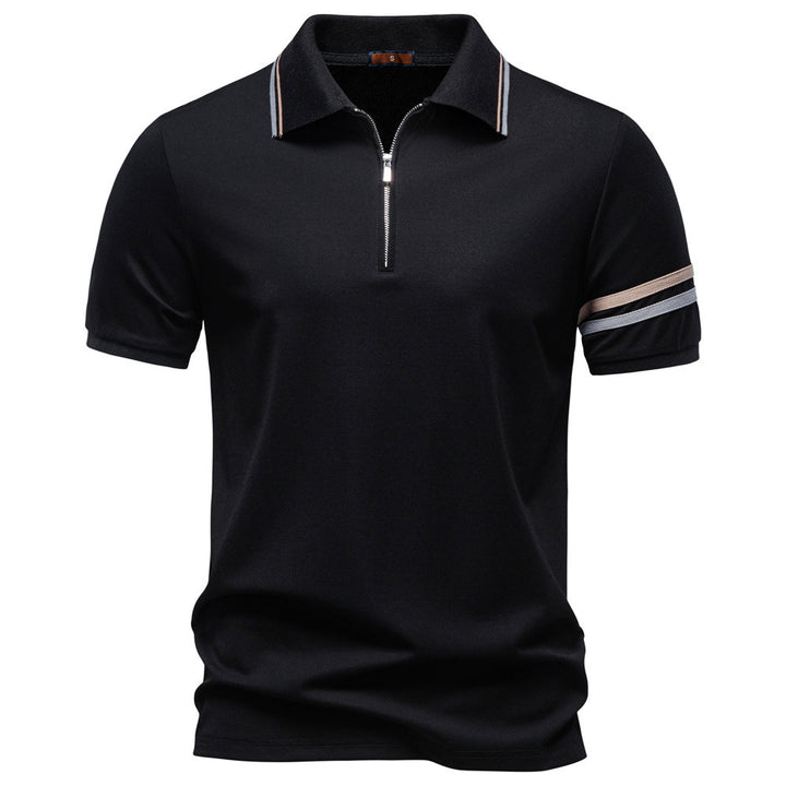 Men's breathable elastic polo shirt with short zipper and contrast stripes on sleeves Mune Fashion