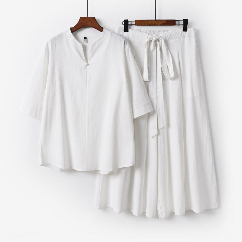 Women's Casual Linen-Viscose Lounge Set with Stand Collar Top and Wide Palazzo Pants Mune Fashion