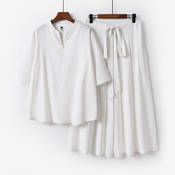Women's Casual Linen-Viscose Lounge Set with Stand Collar Top and Wide Palazzo Pants Mune Fashion
