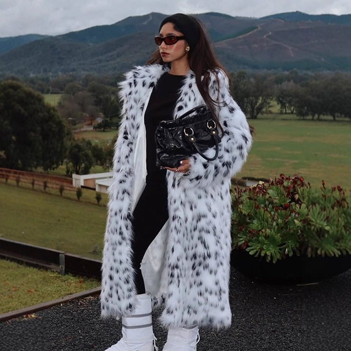 Women's luxurious long plush faux fur coat with opulent fur collar and speckled design Mune Fashion
