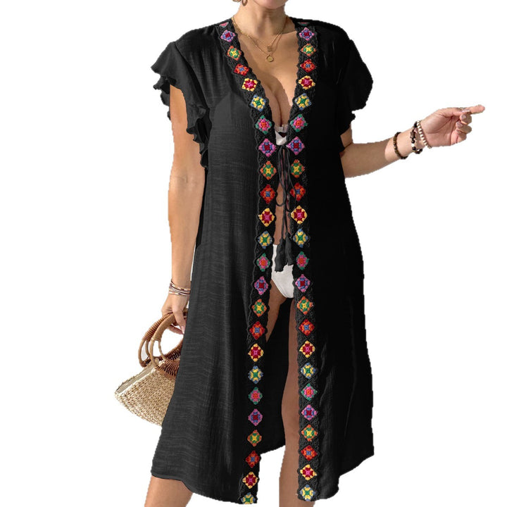 Women's casual beach cover-up with colorful crochet appliqués Mune Fashion