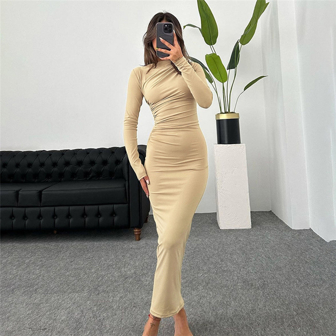 Ladies fitted maxi dress with high collar and side gathering Mune Fashion