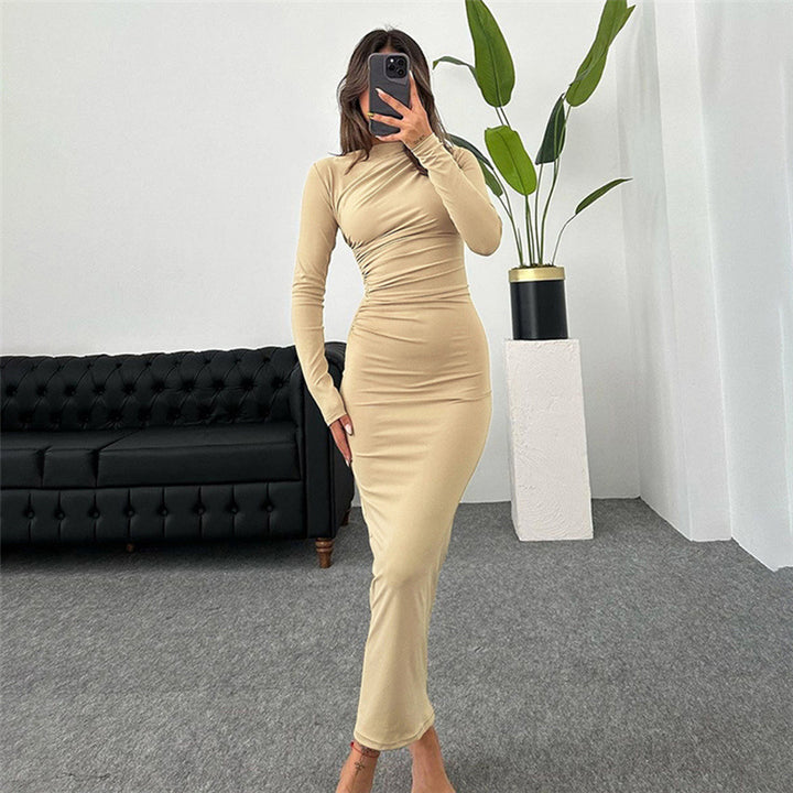Ladies fitted maxi dress with high collar and side gathering Mune Fashion