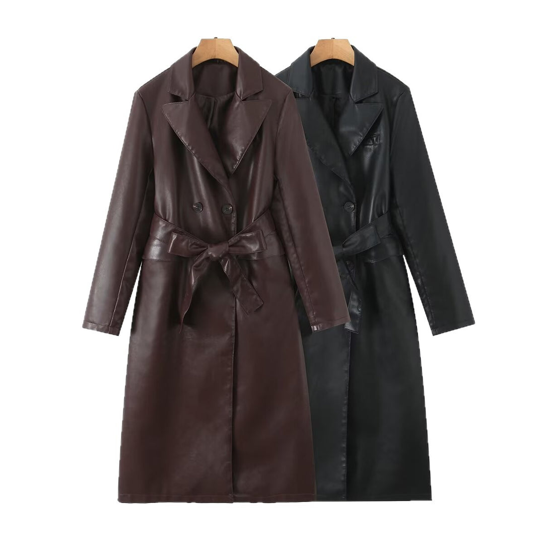 Women's longer tailored coat in leather look with tie belt and lapel collar Mune Fashion