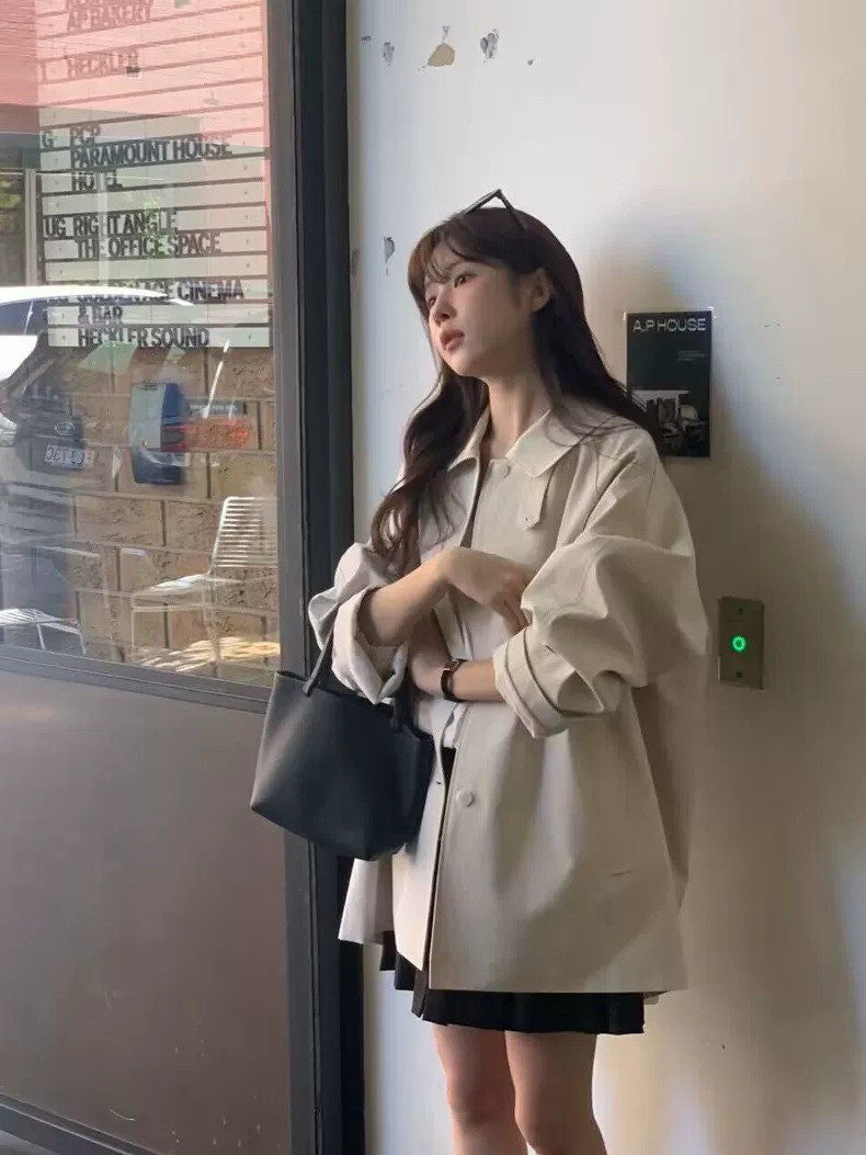 Women Boxy Short Coat with High Stand Collar Visible Button Closure and Side Pockets Mune Fashion