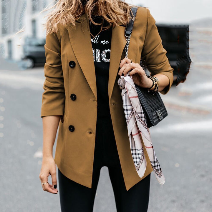 Women nan tailored long blazer with double-breasted button placket, lapel collar and patch pockets Mune Fashion