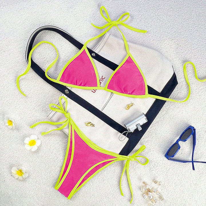 Women triangle bikini with high straps and adjustable side bands Mune Fashion