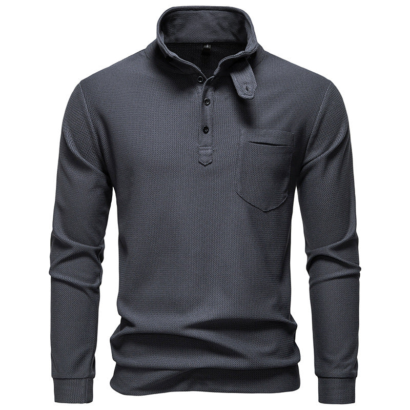 Men's Textured Waffle Knit Henley Shirt with High Collar, Button Placket and Chest Pocket Mune Fashion