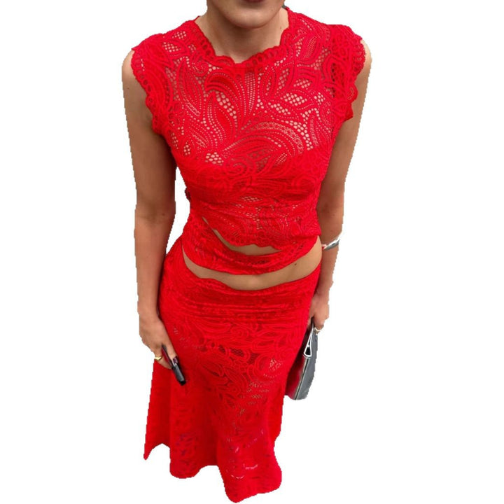 Women's elegant lace set with crop top featuring wavy hem and high-waisted form-fitting maxi skirt Mune Fashion