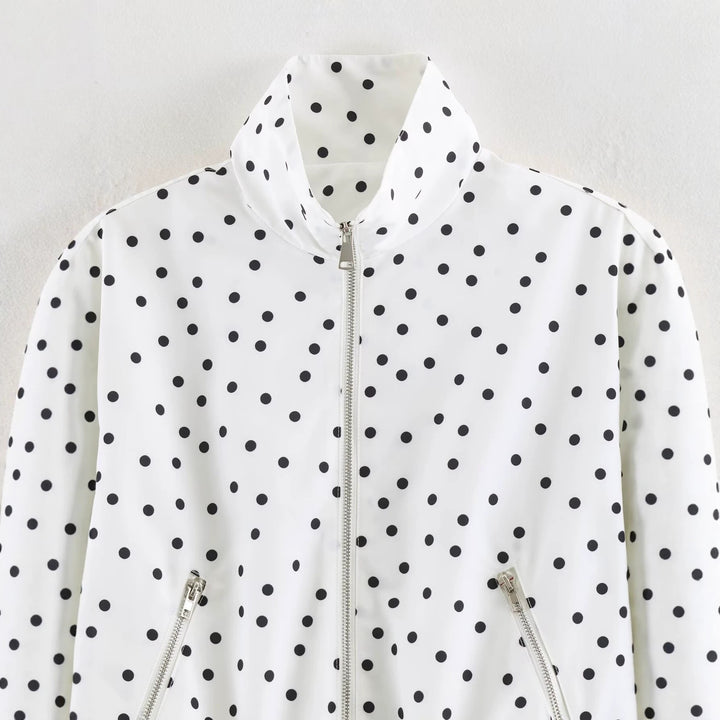 Women's Cropped Bomber Jacket with Stand Collar and Dot Pattern Mune Fashion