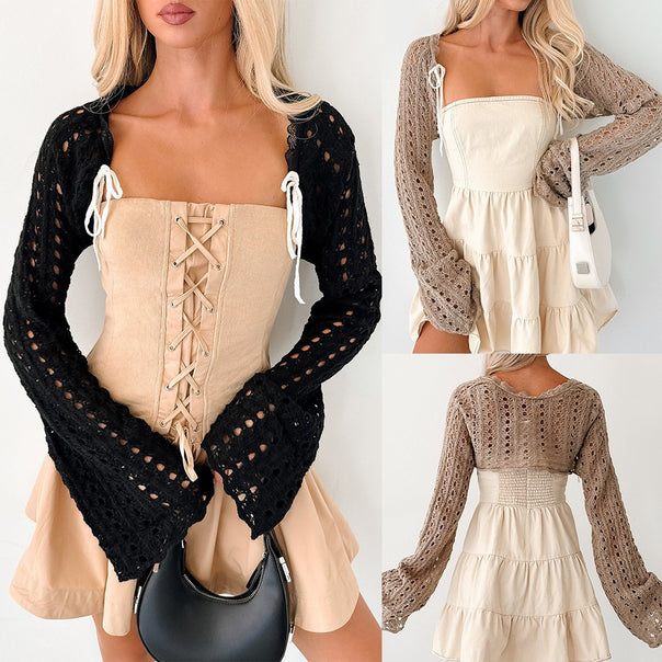 Women Short Crochet Bolero with Lace Pattern, BindMune Fashionand and Trumpet Sleeves Mune Fashion