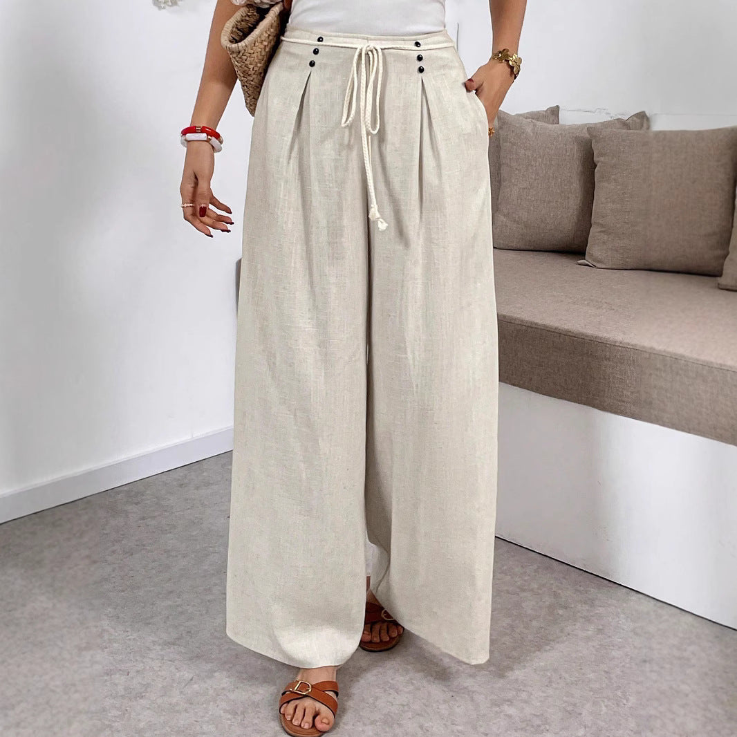 Women's Wide Palazzo Linen Pants with High Waist and Drawstring Mune Fashion