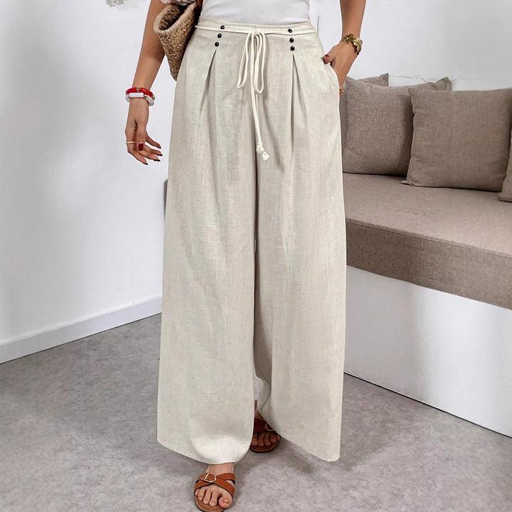 Women's Wide Palazzo Linen Pants with High Waist and Drawstring Mune Fashion