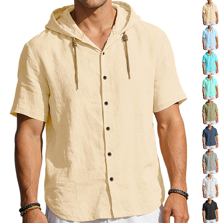 Men's tailored short-sleeve hooded shirt in textured linen look with wood look buttons and drawstring Mune Fashion