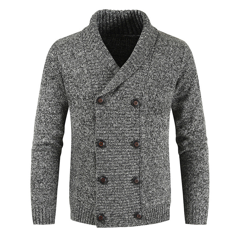 Men's double-breasted knitted cardigan with shawl collar, structured stitch look, and ribbed cuffs Mune Fashion