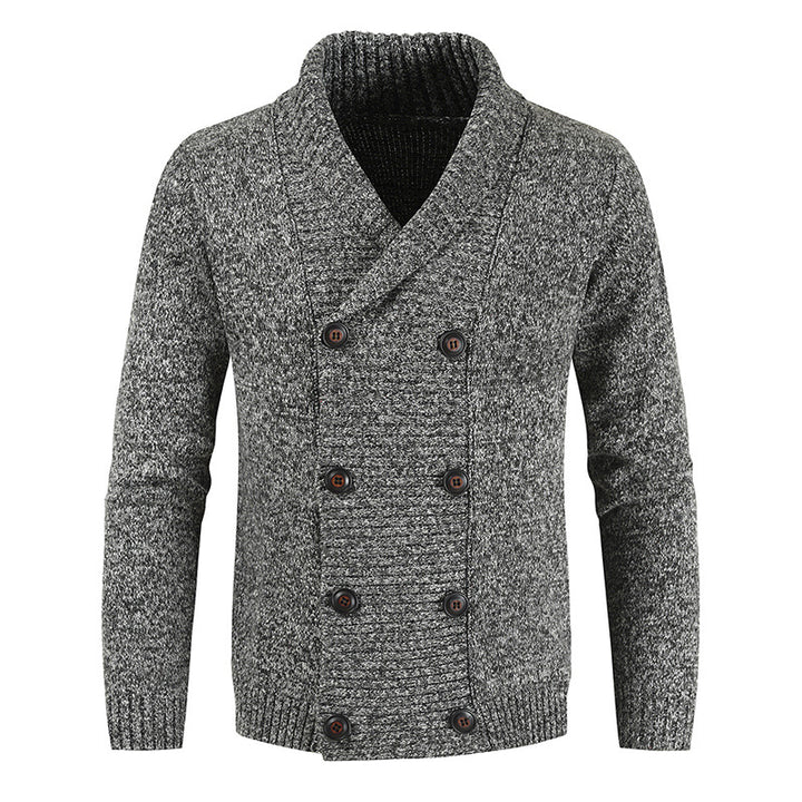 Men's double-breasted knitted cardigan with shawl collar, structured stitch look, and ribbed cuffs Mune Fashion