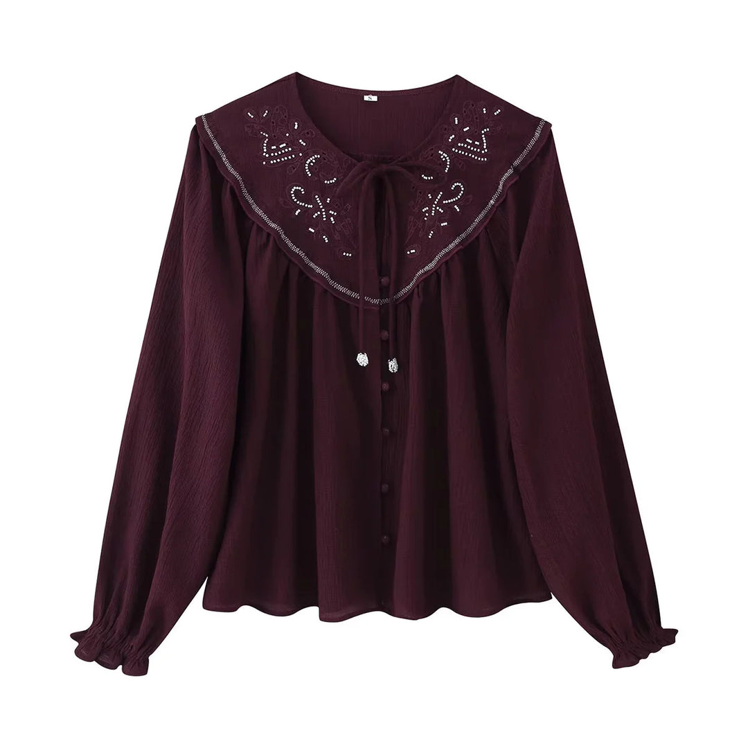 Women embroidered blouse with oversized collar, tie bow and buttoned front Mune Fashion