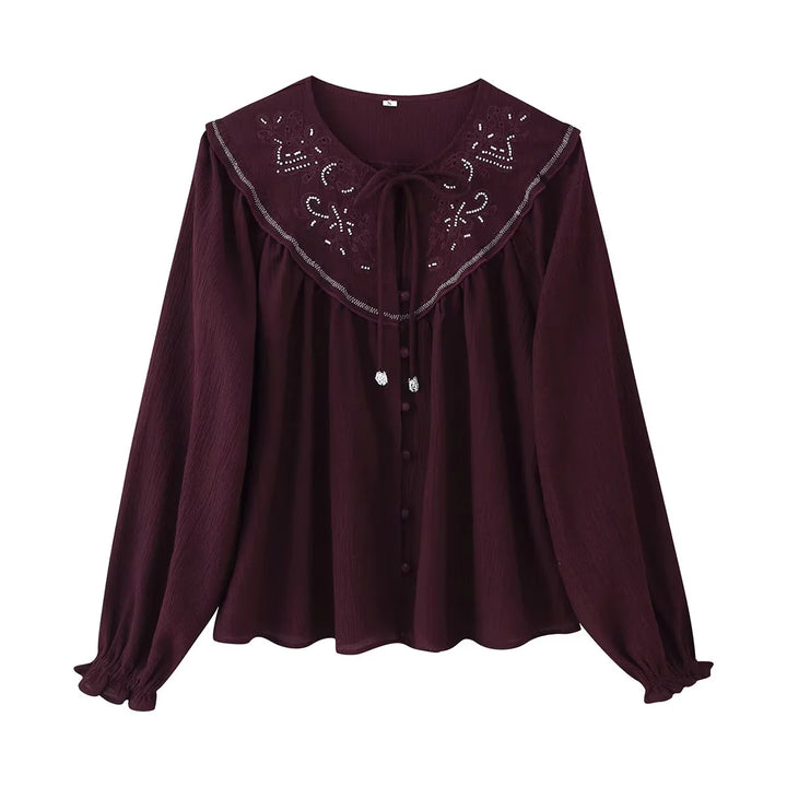 Women embroidered blouse with oversized collar, tie bow and buttoned front Mune Fashion