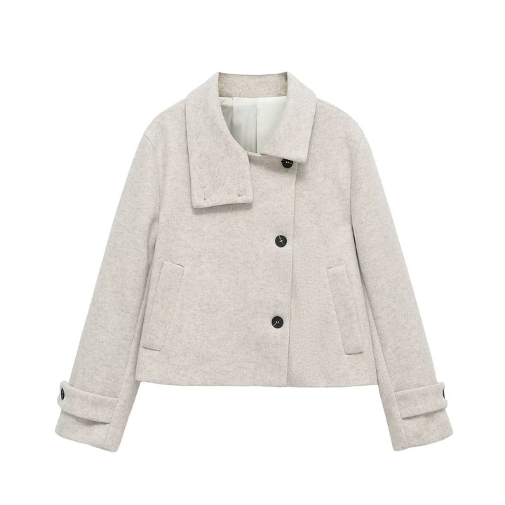 Ladies short wool blend jacket with shawl collar, boxy shape and adjustable cuffs Mune Fashion