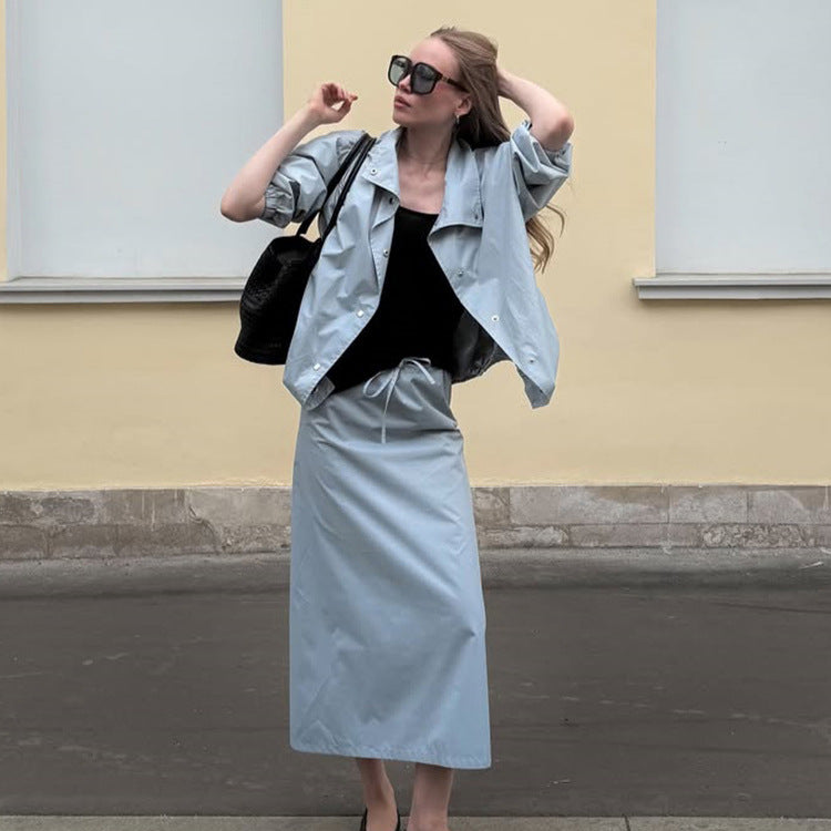 Women's Two-Piece Co-Ord Set made of Lightweight Windbreaker with Drawstring and Tailored Maxi Skirt Mune Fashion