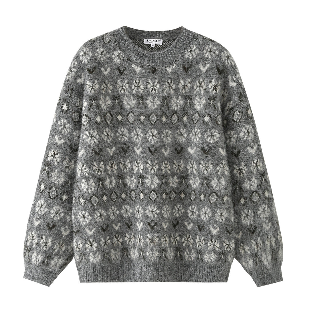 Women Oversize Mohair-Mix Sweater with Round Neck and Fair Isle Pattern Mune Fashion