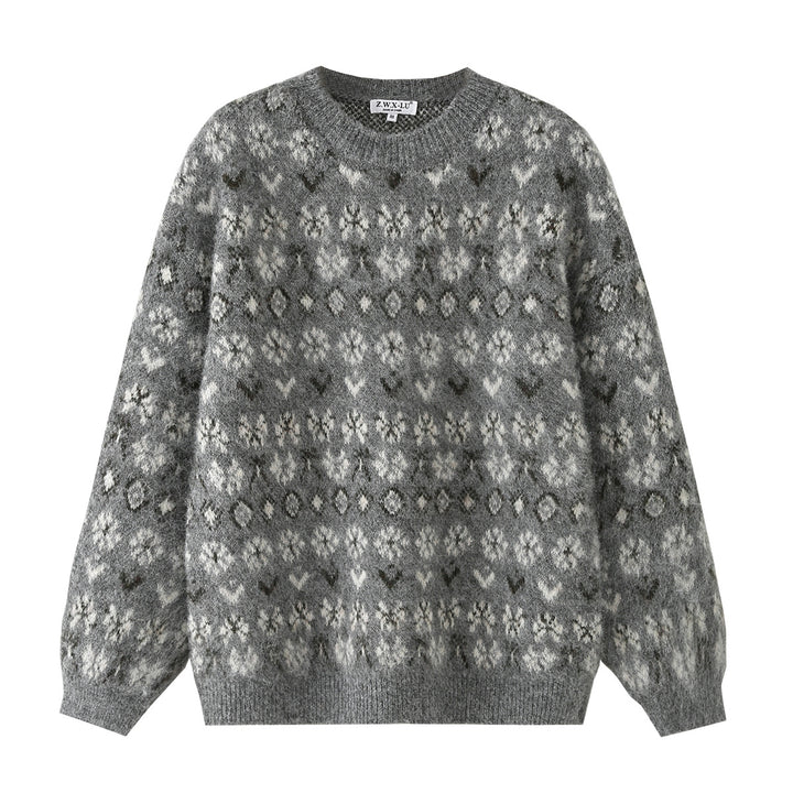 Women Oversize Mohair-Mix Sweater with Round Neck and Fair Isle Pattern Mune Fashion