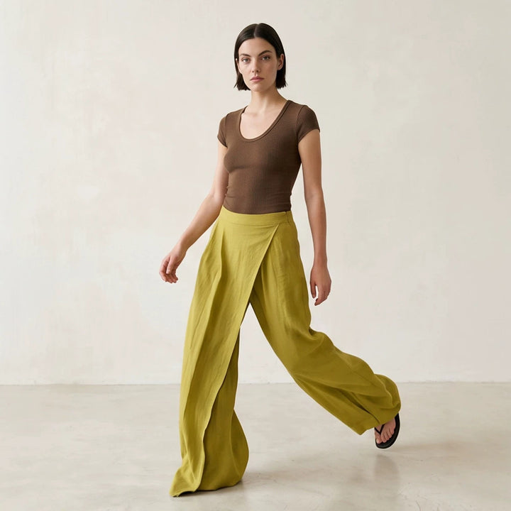 Women's High-Waist Wrap Palazzo Pants with Wide Leg and Flowing Linen Look Mune Fashion