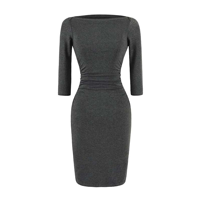 Women’s Fitted Midi Dress with Boat Neck, Three-Quarter Sleeves and Gathered Waist