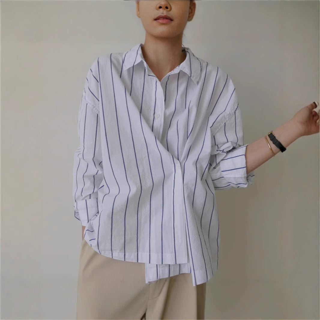 Women's oversized boxy shirt blouse made of linen-cotton blend with vertical pinstripe look and casual silhouette Mune Fashion